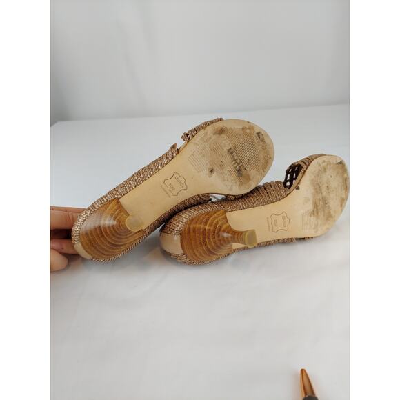 Stuart Weitzman Beige Open Toe Wicker Mid Heel Pump Size 6 - Picture 10 of 10